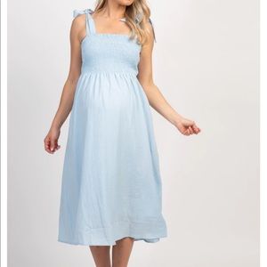 Light Blue Strap Tie Smocked Maternity Dress